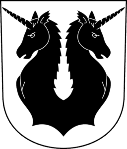 zwei Einhorn-Köpfe in Schwarz-Weiß mit entschlossenem Blick und langen Hälsen - Wappenform