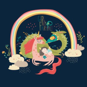 Einhorn-Geschichten - kleines Mädchen liegt mit Buch auf einem Einhorn - daneben ein Drache - im Hintergrund Regenbogen