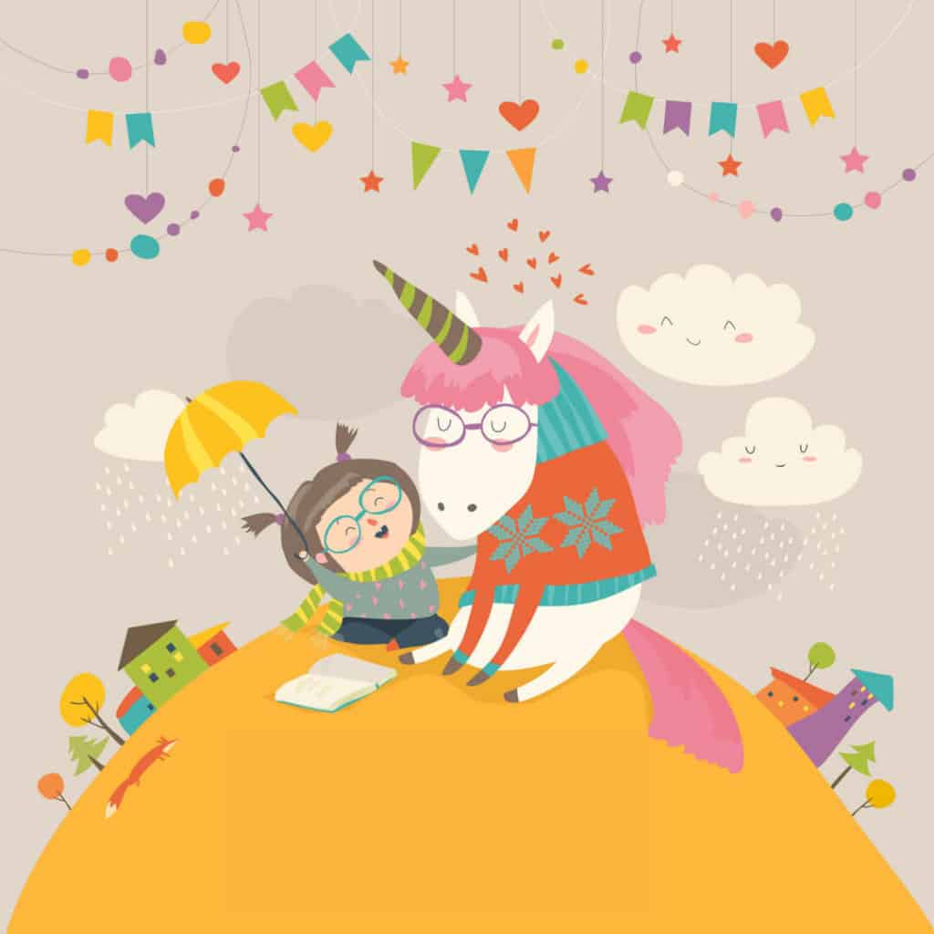 Illustration Kinderbuch - Mädchen mit Einhorn und Buch - Titel für Federmappen & Etuis