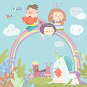 Einhorn-Schulranzen und Schulrucksäcke Titelbild - drei Kinder sitzen fröhlich auf einem Regenbogen - Illustration