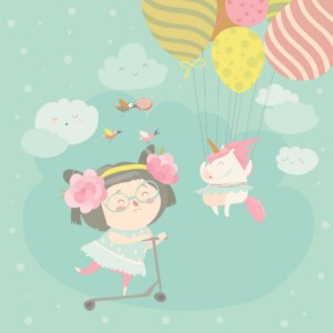 Einhorn-Schulranzen-Sets - Titelbild Zeichnung mit fröhlichem Mädchen und Einhorn und Luftballons