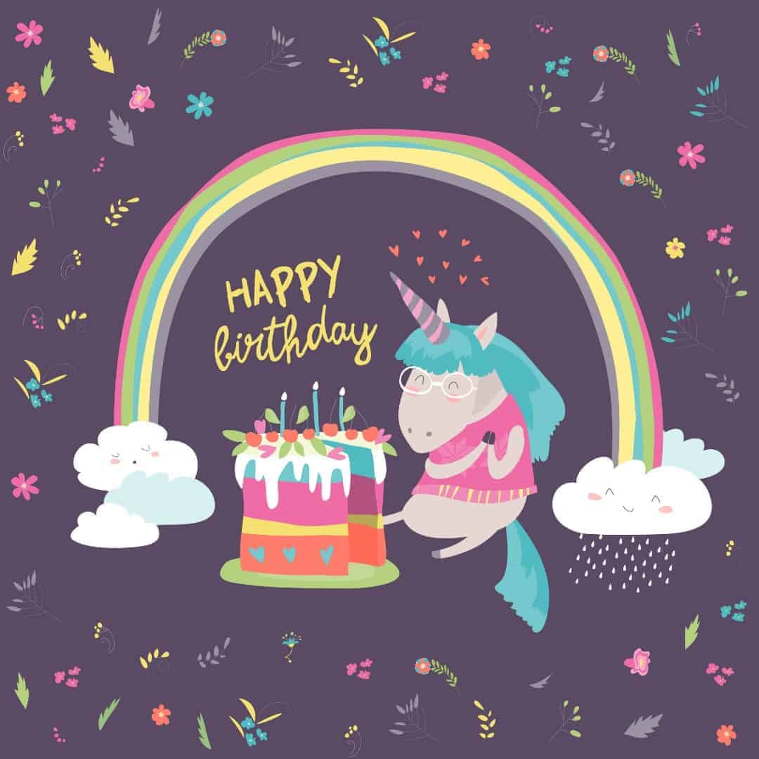 Einhorn mit Geburtstagstorte sitzt unter einem Regenbogen - Kinder-Illsutration für dei perfekte Einhorn-Geburtstagsparty